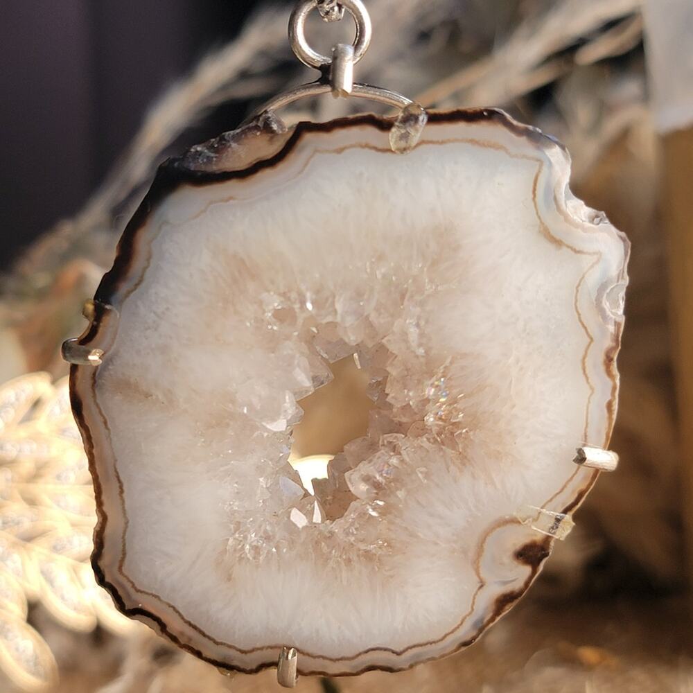 Ethereal White Druzy Agate Slice Pendant, Sterling Silver Crystal Necklace